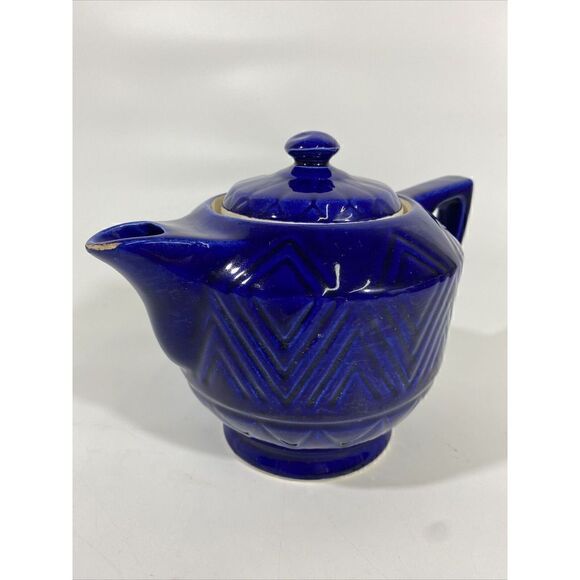 Vintage Hall? Pottery Cobalt Blue Diamond Quilted Coffee Tea Pot Mid Century MCM - Picture 6 of 12